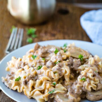 Instant Pot Ground Beef Stroganoff on a light blue plate.