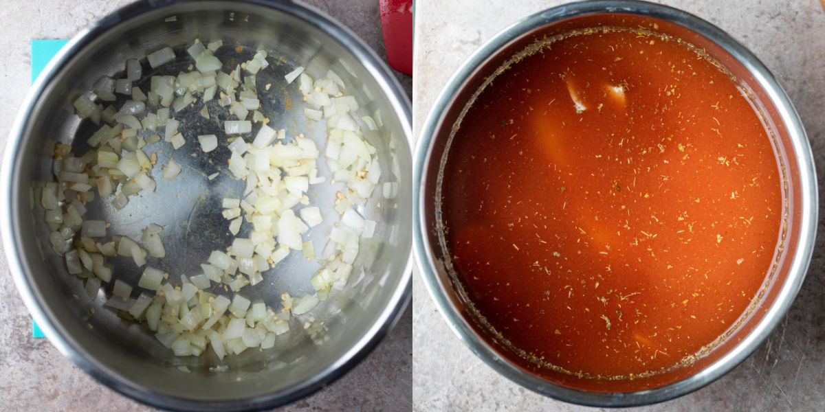chicken tortilla soup ingredients in an instant pot inner pot.