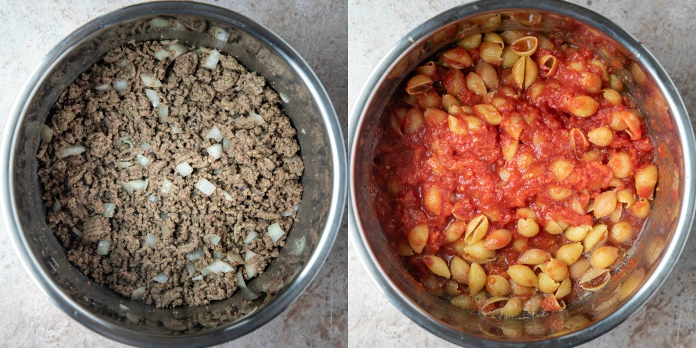 Uncooked pasta and sauce in an instant pot inner pot.