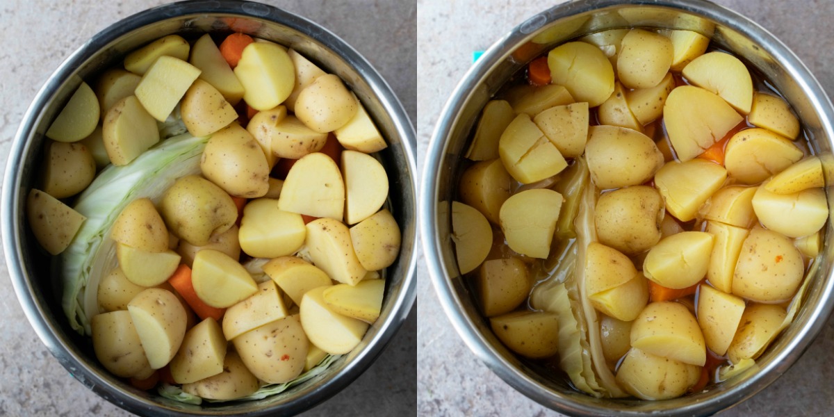 Cooked and uncooked potatoes and cabbage in an instant pot inner pot.