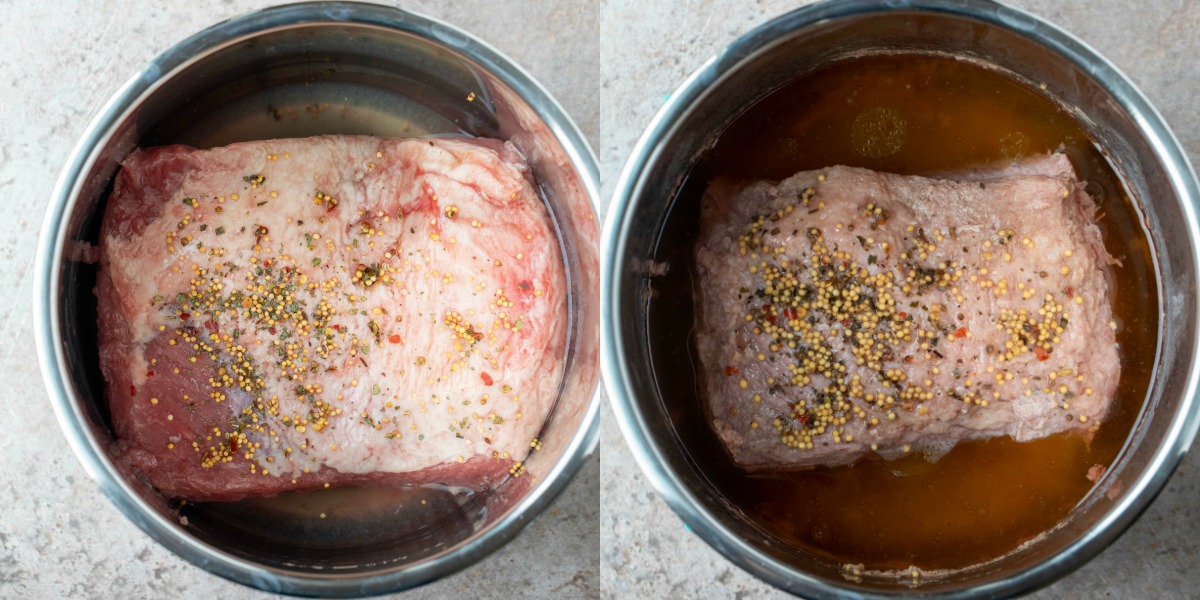 Uncooked corned beef in an instant pot inner pot. 