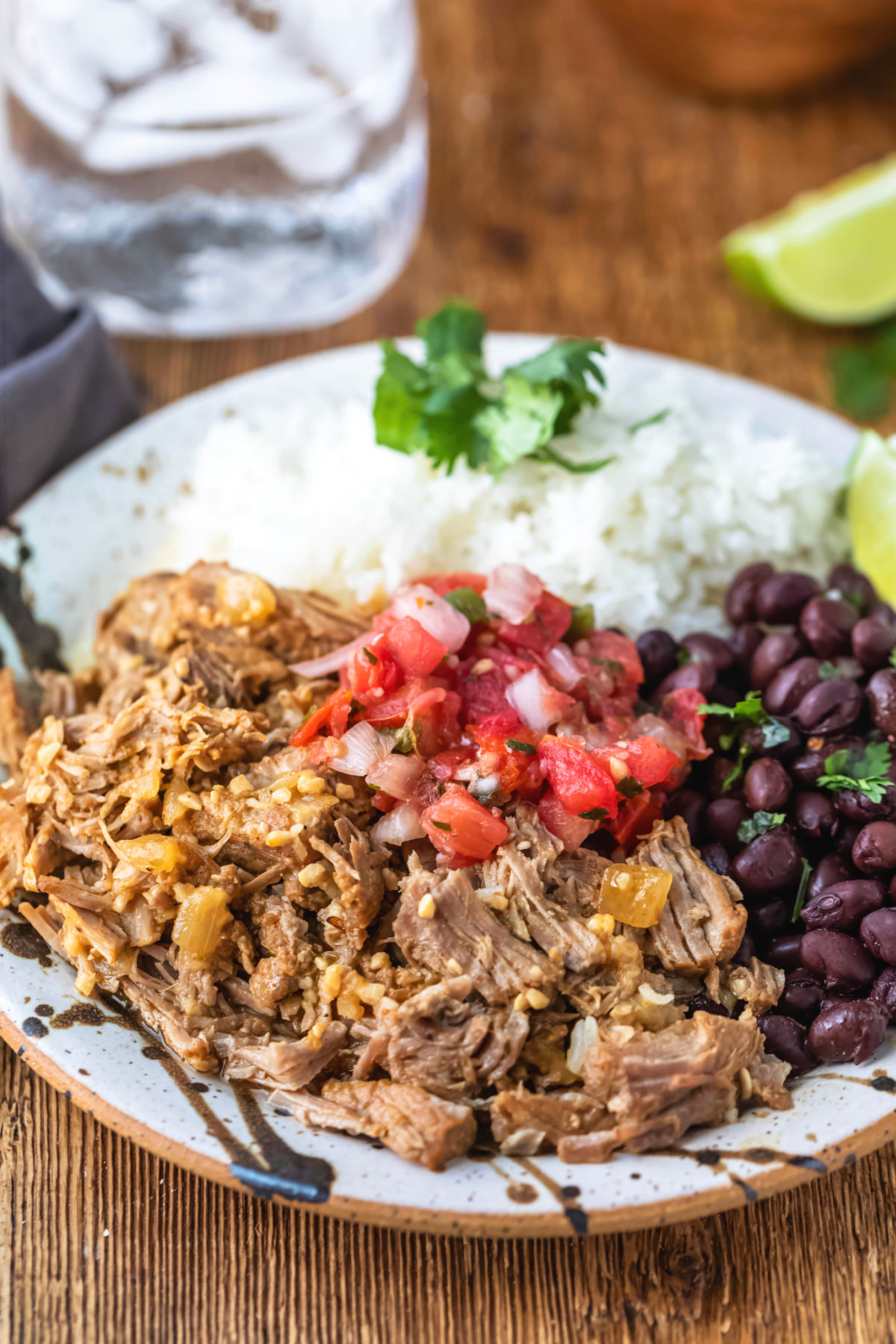 Plate with white rice, black beans, and mojo pork on it.