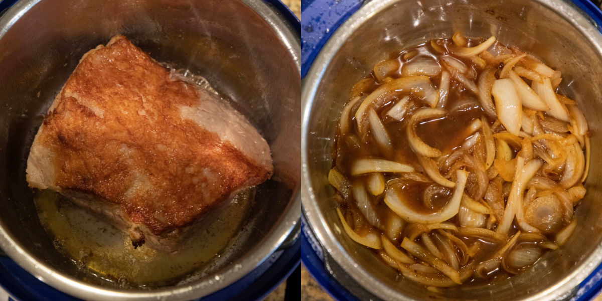 Seared brisket in an instant pot inner pot.