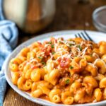 Instant Pot Italian Mac and Cheese on a stoneware plate.