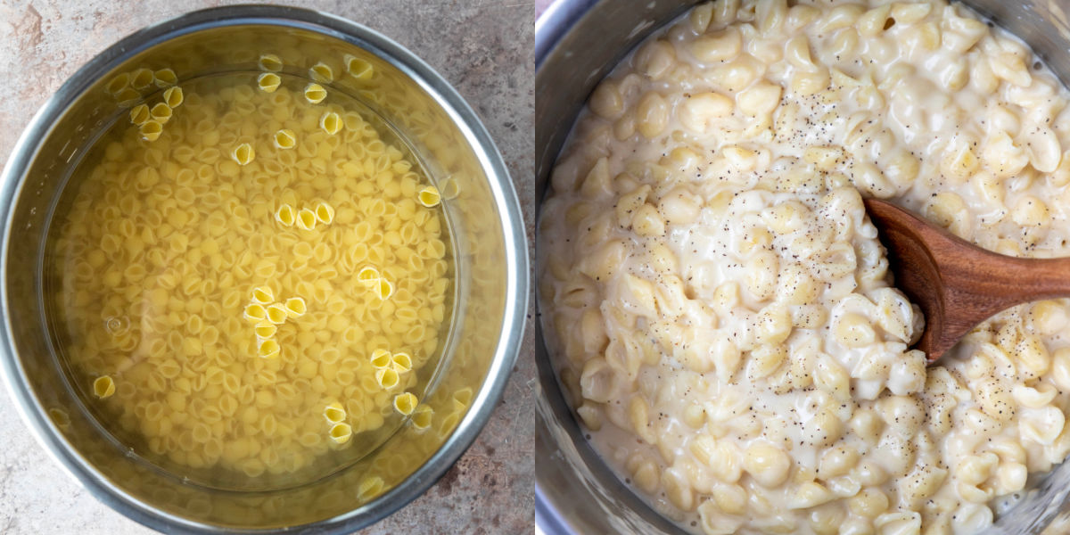 pasta in water in an instant pot inner pot.