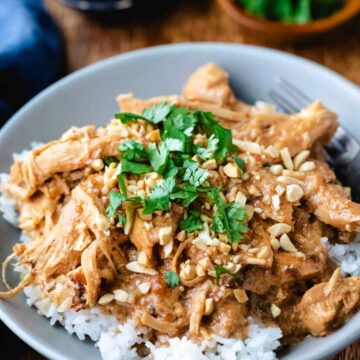 Instant Pot peanut chicken on a bed of rice.