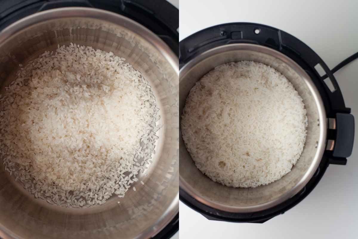 Side by side photos of uncooked and cooked sushi rice in an instant pot. 