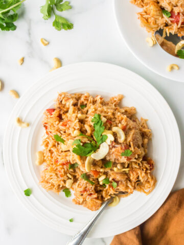 A white dish of Instant Pot chicken biryani topped with cashews.