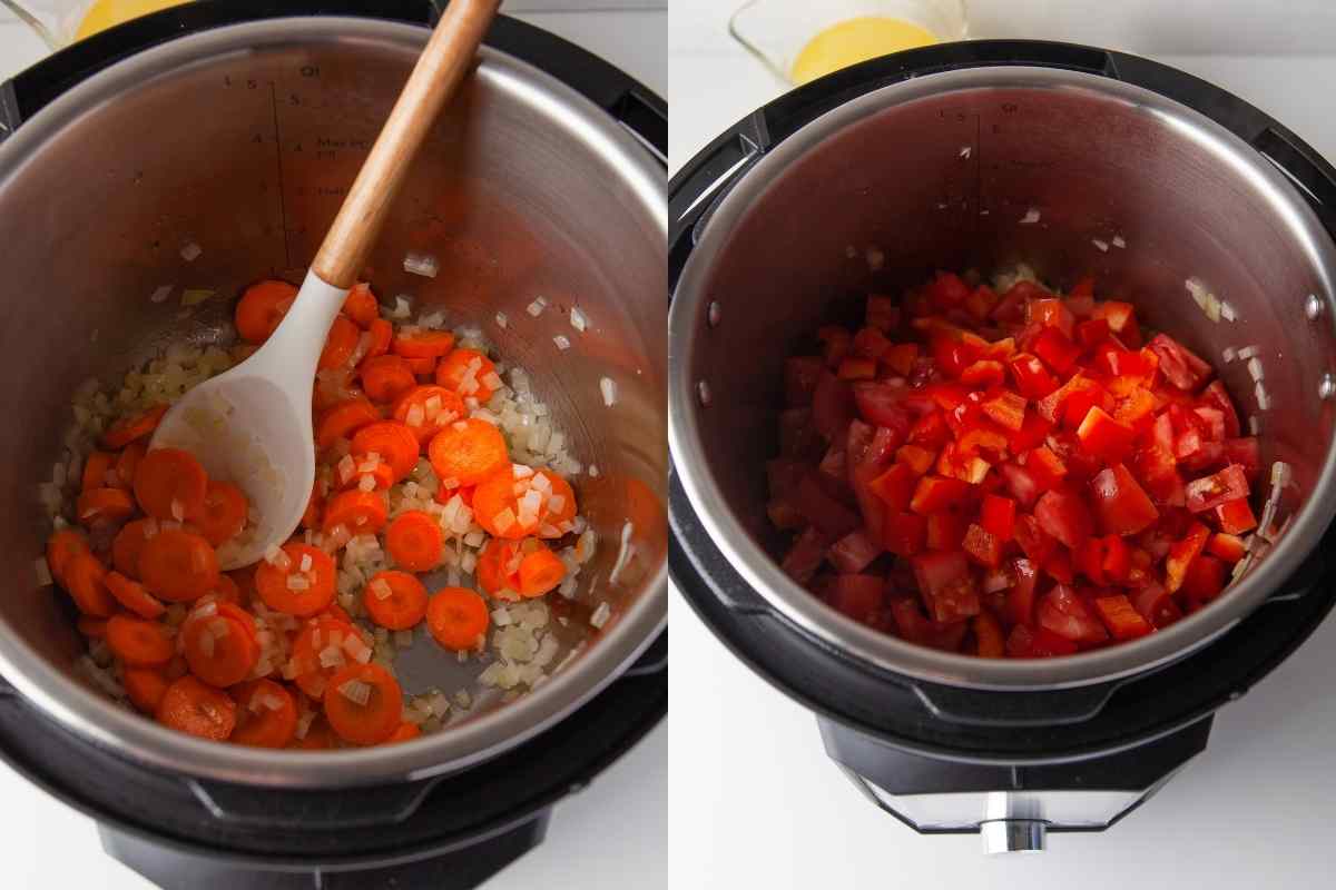 Tomato and red pepper cooking in an instant pot. 