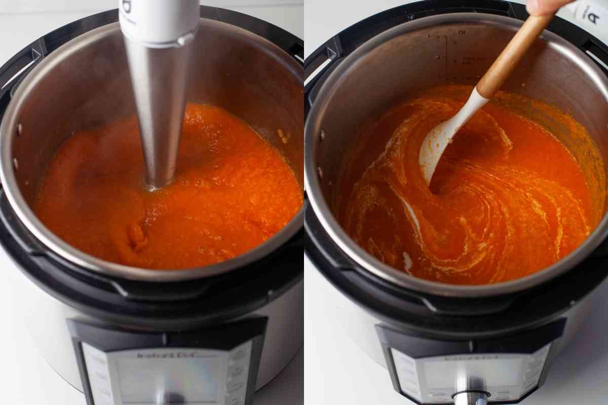 Immersion blender blending tomato soup and spoon stirring in cream. 