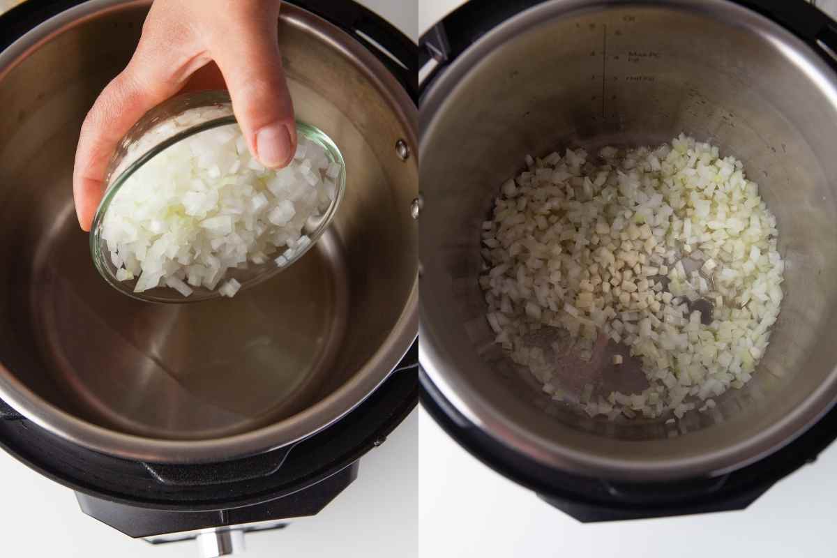 Onion pouring into an instant pot and cooking. 