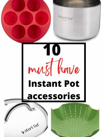 Four instant pot accessories with writing over it.
