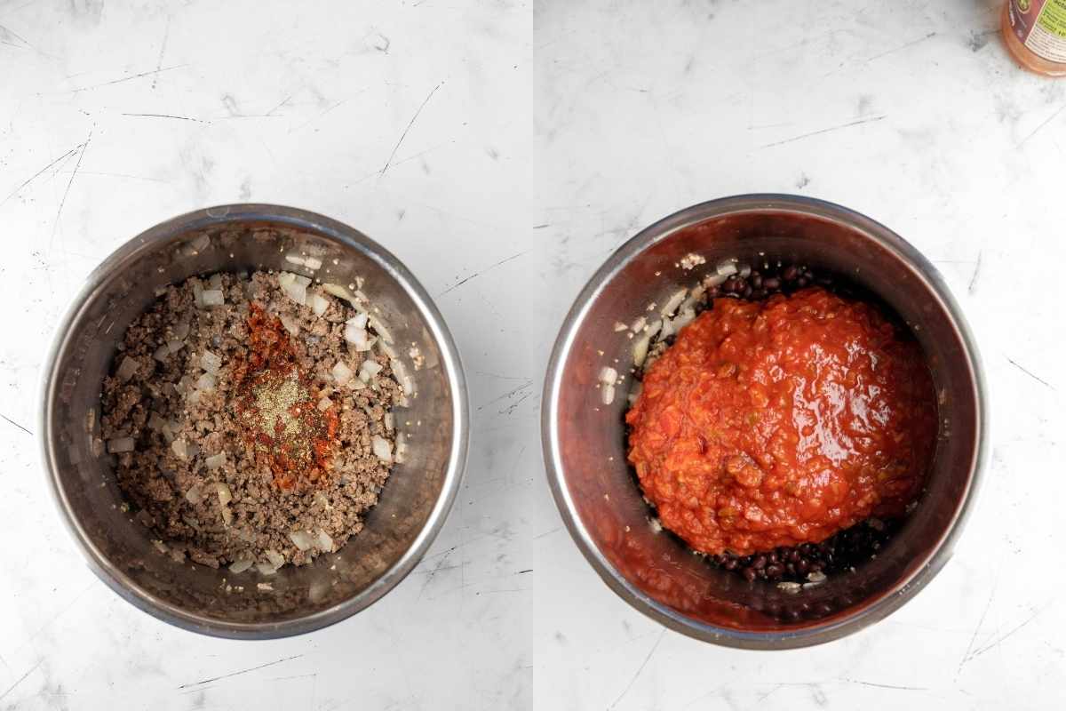 Side by side photos of ground beef topped spices and salsa and beans on top.