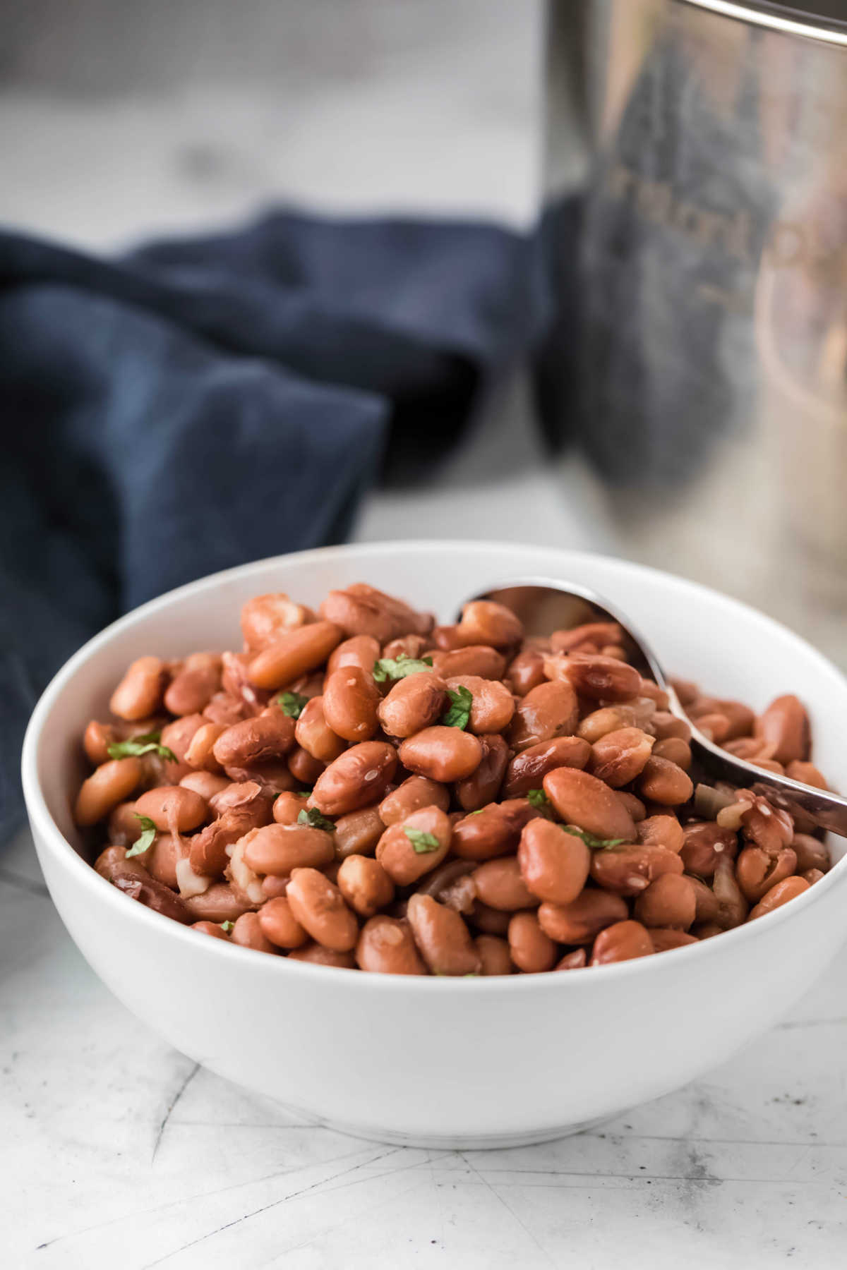 A white bowl of pinto beans next to an instant pot inner pot. 
