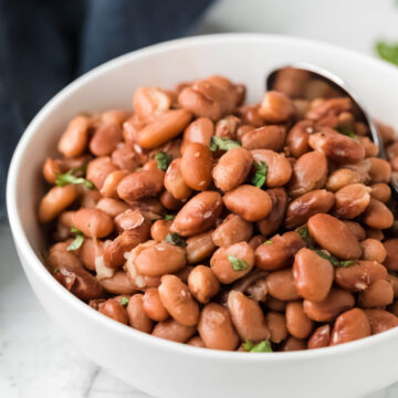 Pinto beans in a white dish.