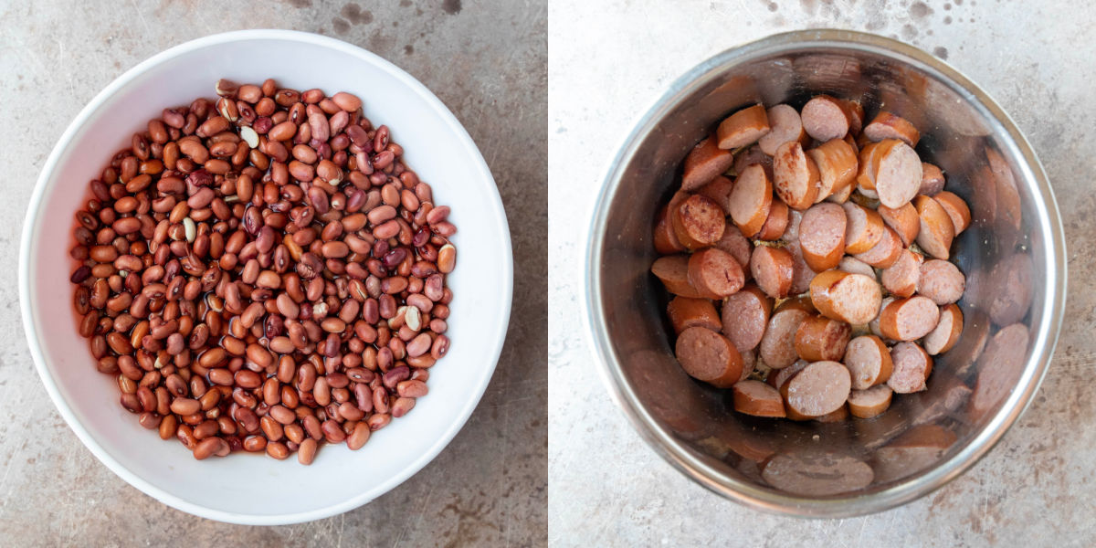 Side by side photos of soaking red beans and sliced sausage. 