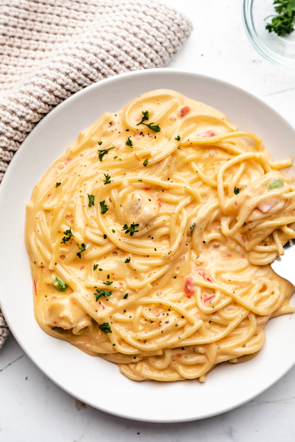 A plate of chicken spaghetti with a fork twirling the spaghetti.