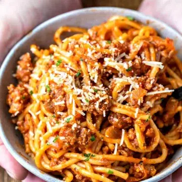 Two hands holding a bowl full of Instant Pot spaghetti and meat sauce.