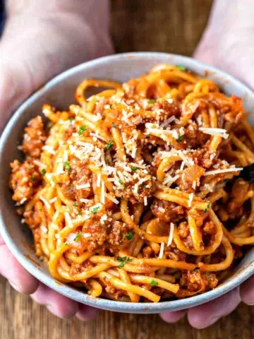 Two hands holding a bowl full of Instant Pot spaghetti and meat sauce.