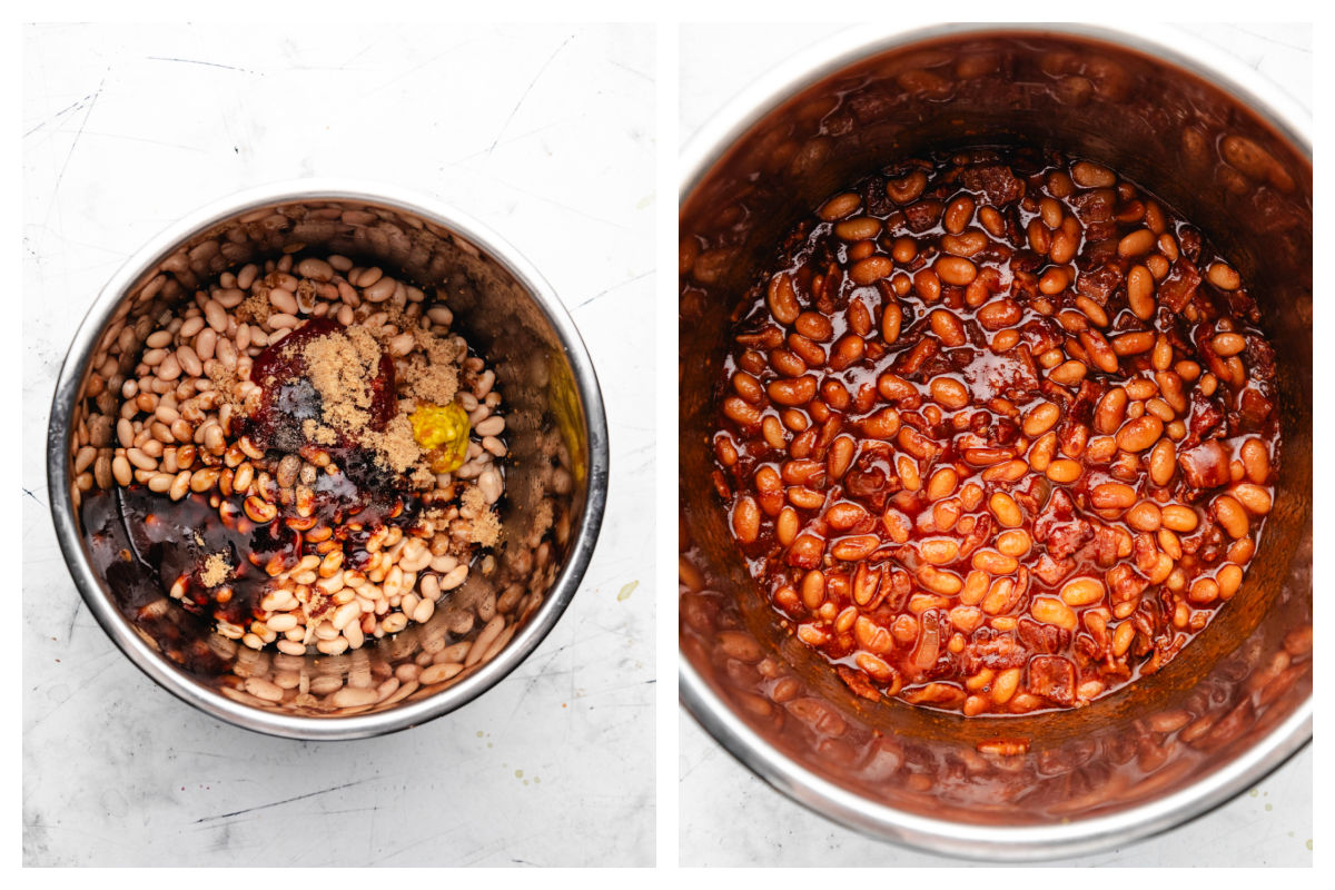 Ingredients for Instant Pot baked beans layered in an Instant Pot next to cooked baked beans in an Instant Pot.