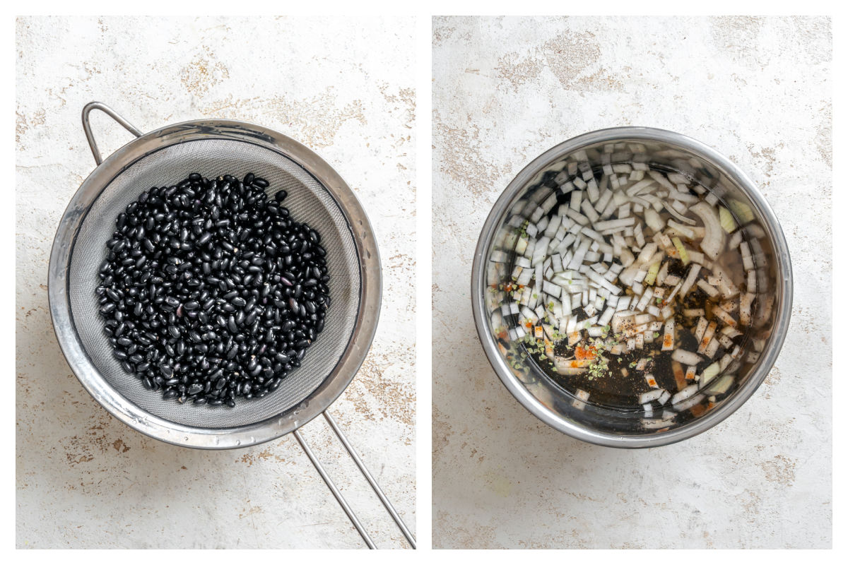 Black beans in a colander next to beans and seasonings in an Instant Pot.