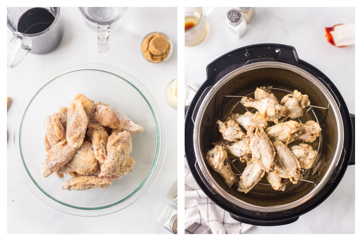 Chicken wings with seasonings in a bowl next to in an Instant Pot.