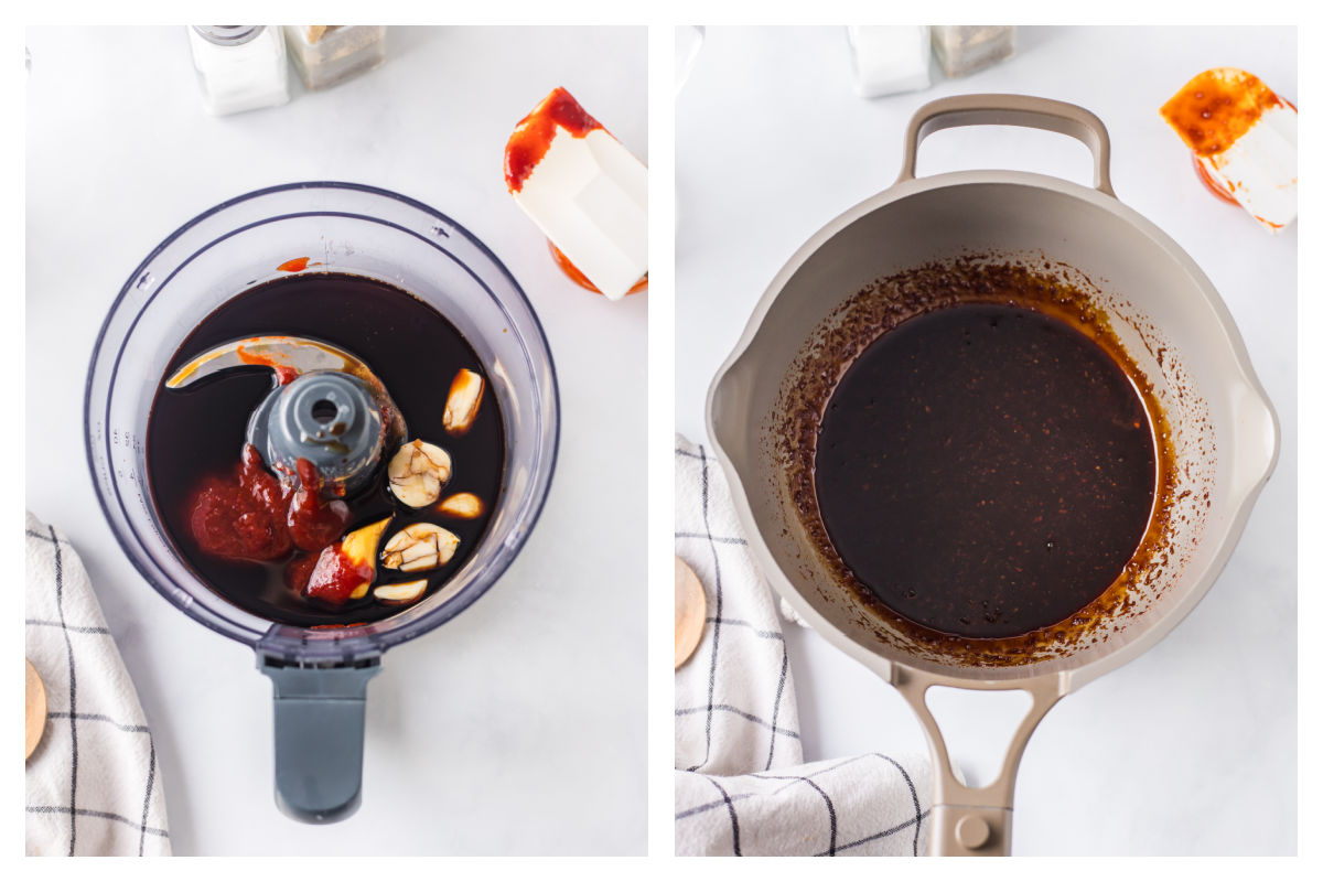 Ingredients for glaze in a food processer next to the glaze in a saucepan.